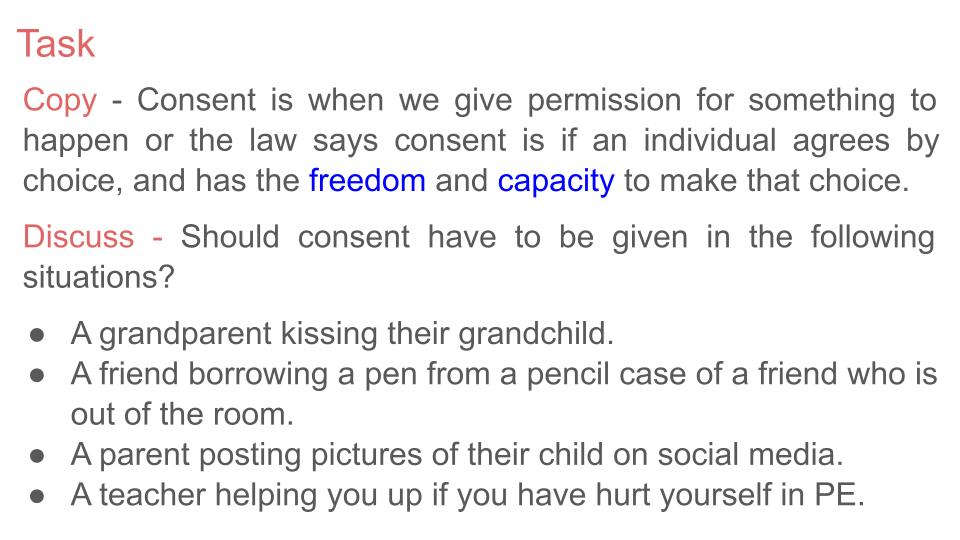 Consent free Lesson / Tutor Time / Workbook resource for RSHE / PSHE KS3 KS4