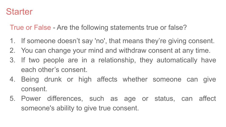 Consent free Lesson / Tutor Time / Workbook resource for RSHE / PSHE KS3 KS4 starter