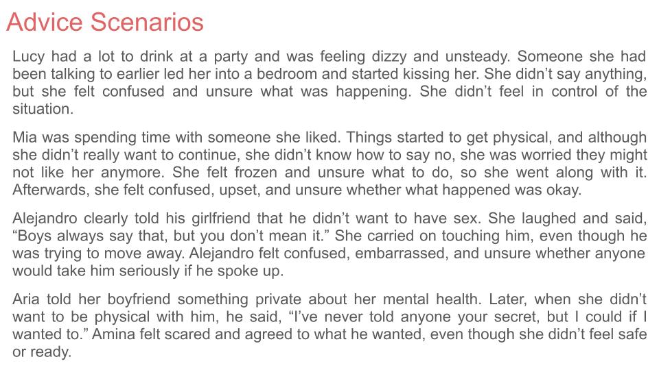 Consent free Lesson / Tutor Time / Workbook resource for RSHE / PSHE KS3 KS4 advice scenario