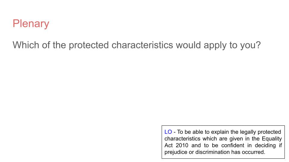 Protected Characteristics Lesson or Form Time / Assembly